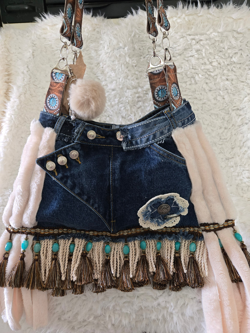 Jean purse with Fur and turquoise fringe embellishments, extremely cute. Medium to large size.
