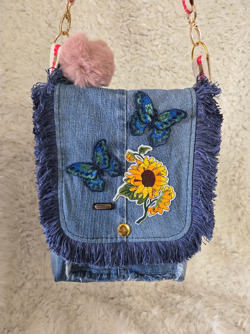 Blue Jean and sunflower across body purse handmaid.