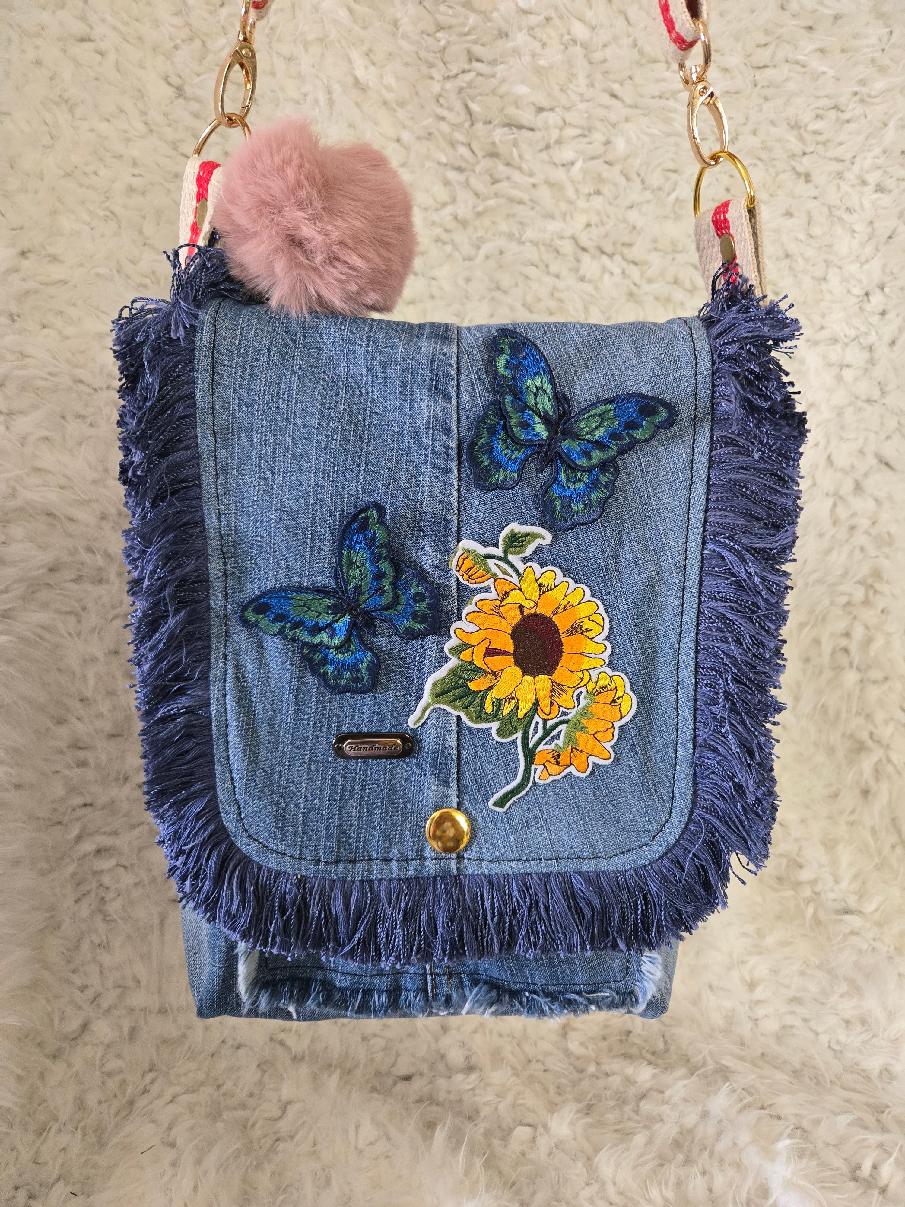 Blue Jean and sunflower across body purse handmaid.