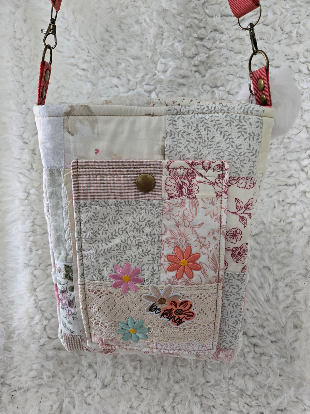 Handmade boho, body strap cross body made with an old quilt. Absolutely beautiful.