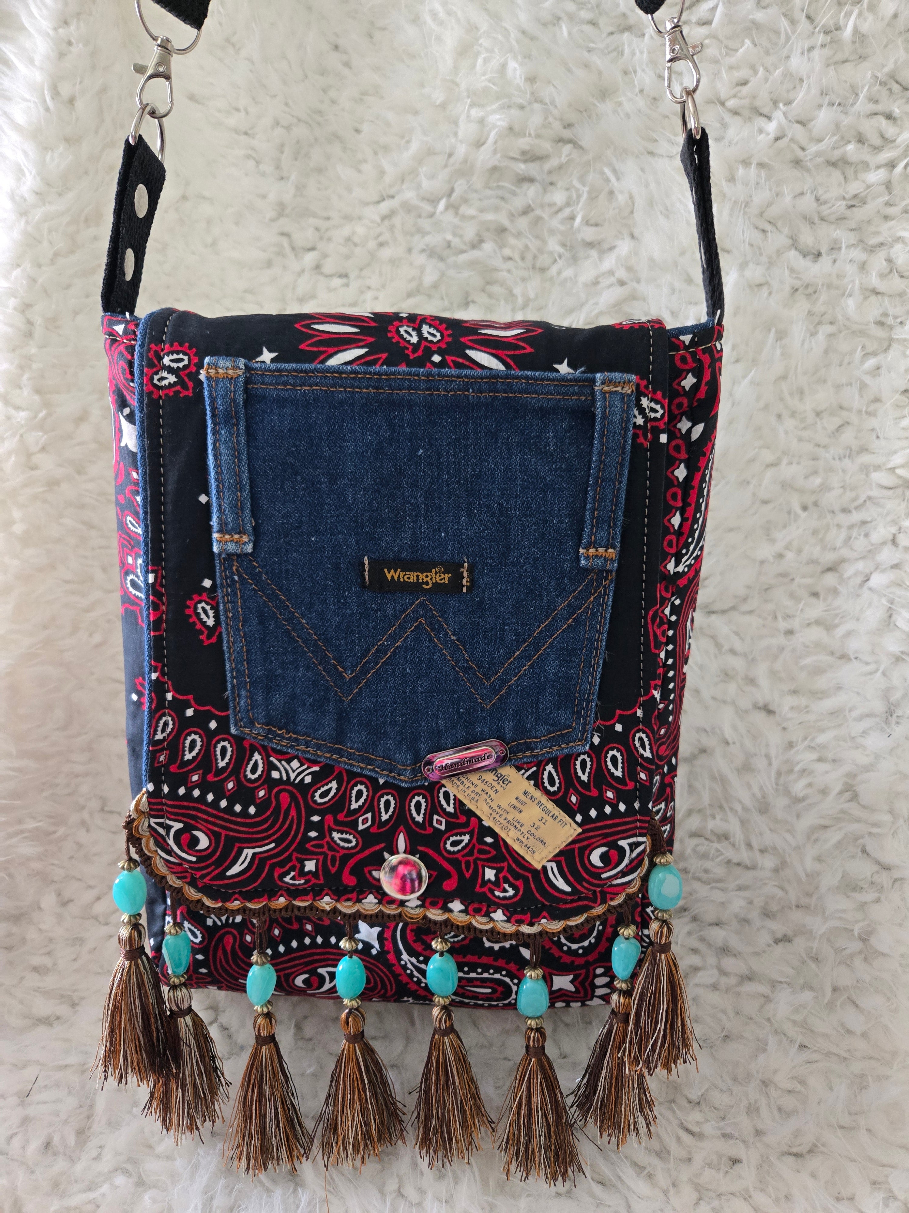 Handkerchief and jean cross body purse bag size 11 / 13.