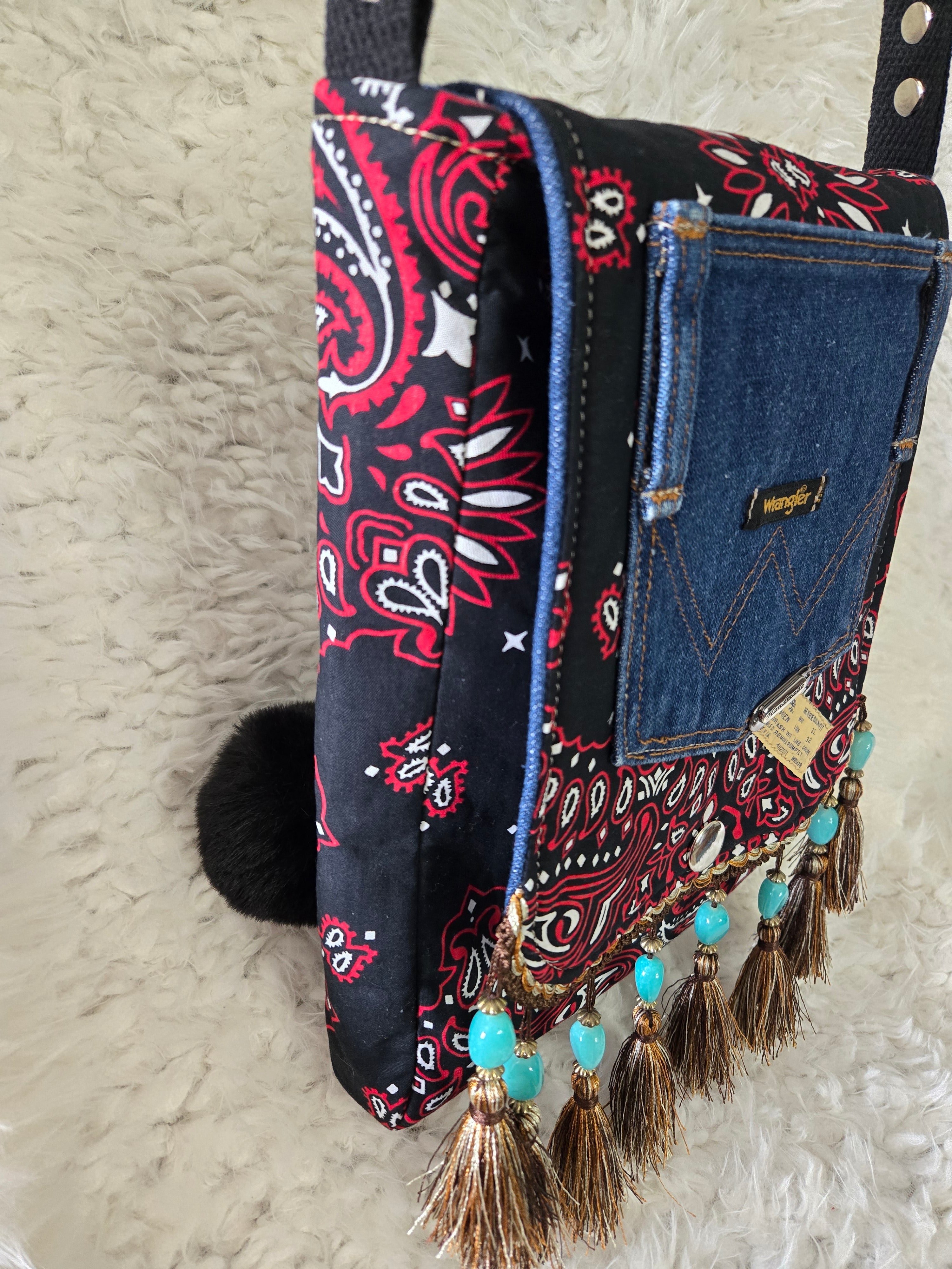 Handkerchief and jean cross body purse bag size 11 / 13.