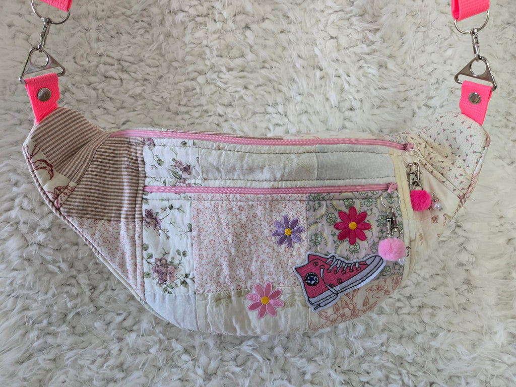 Fanny pack bum bag from a repurposed, old quilt. Pinks and other colors.