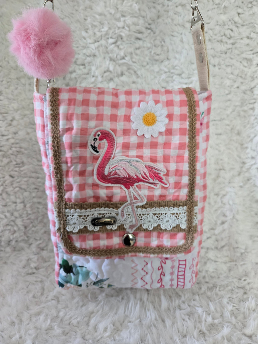 Handmade pink crossbody, medium size purse bag 13x11..
