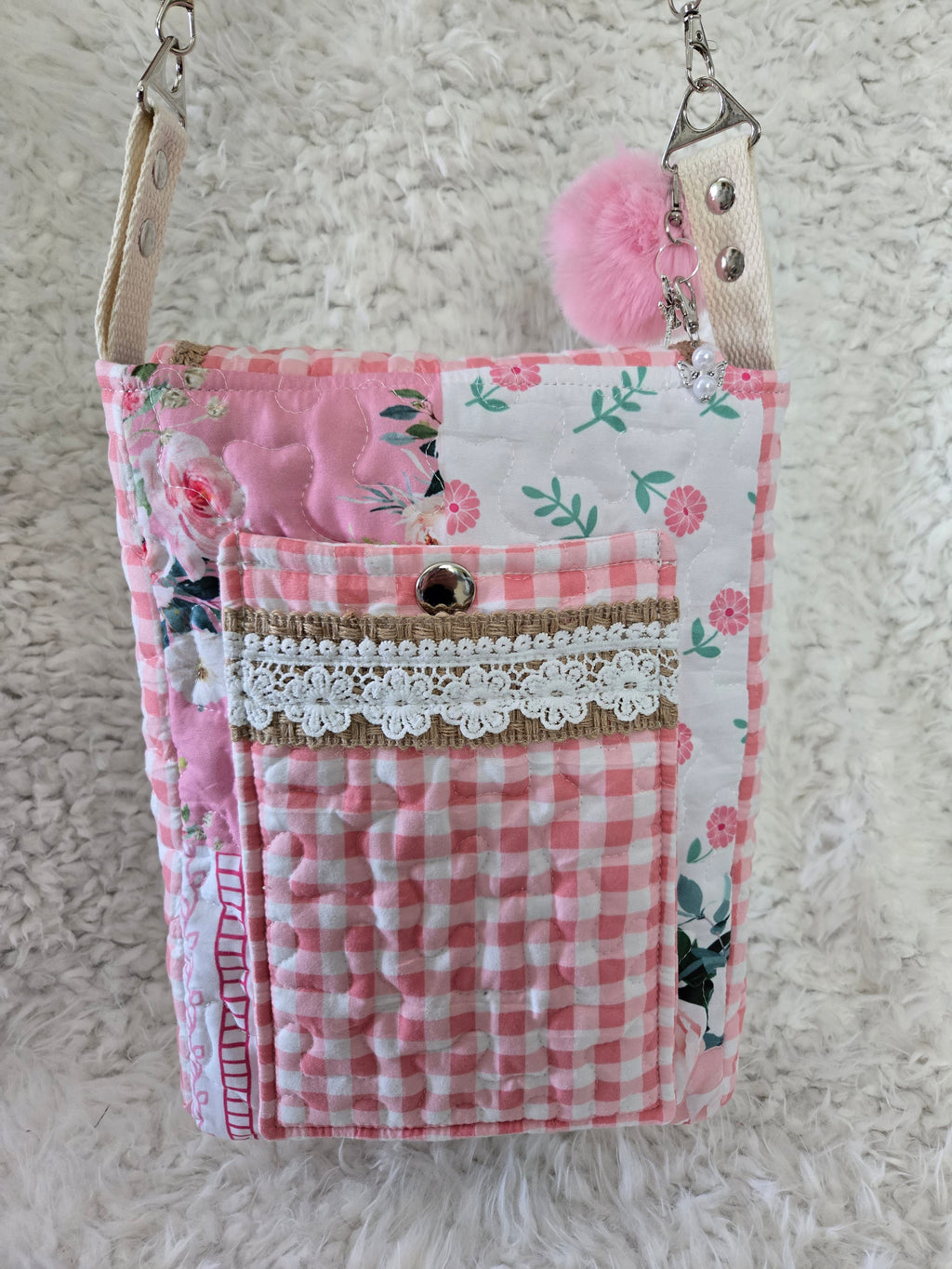 Handmade pink crossbody, medium size purse bag 13x11..