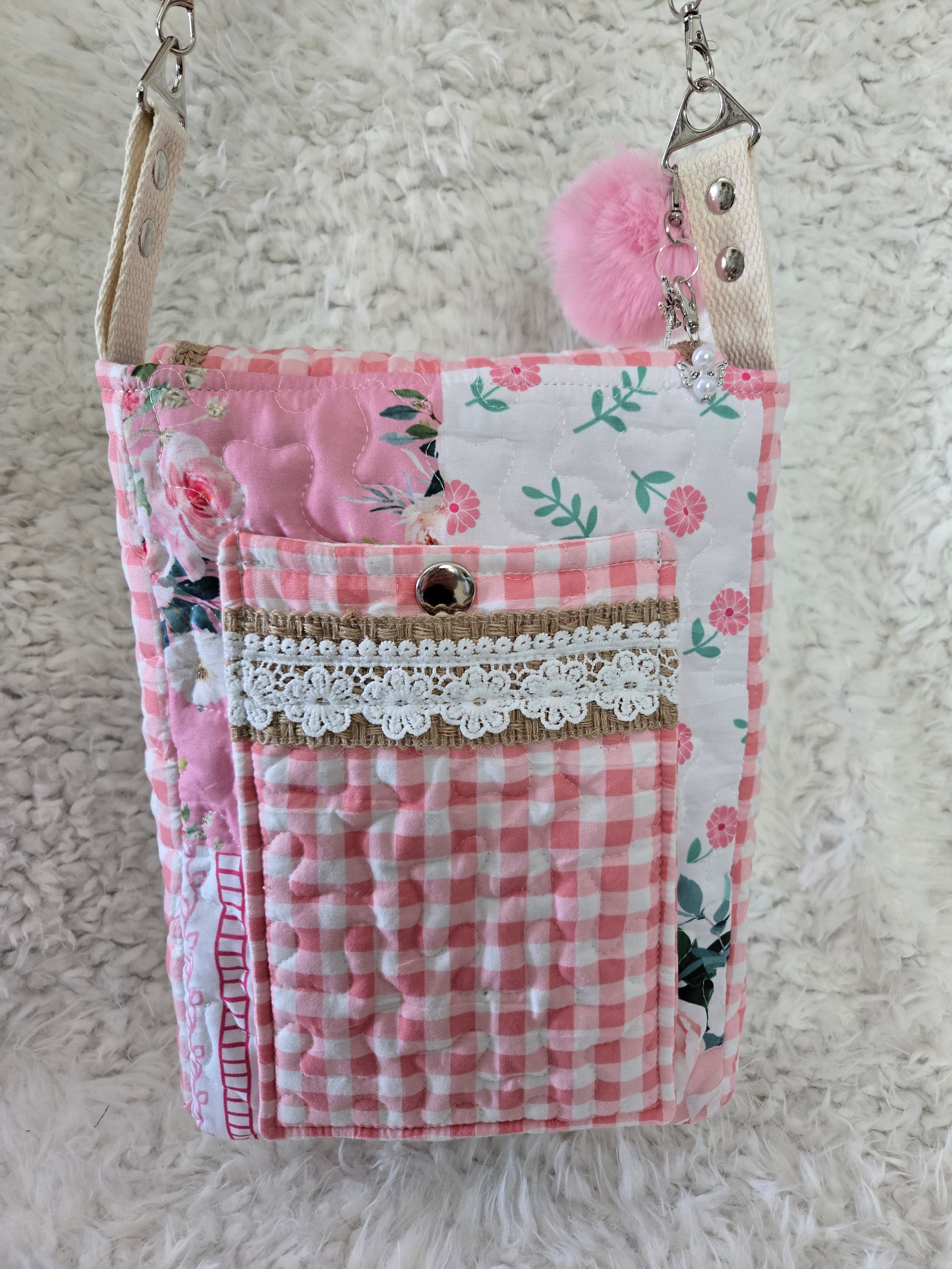 Handmade pink crossbody, medium size purse bag 13x11..