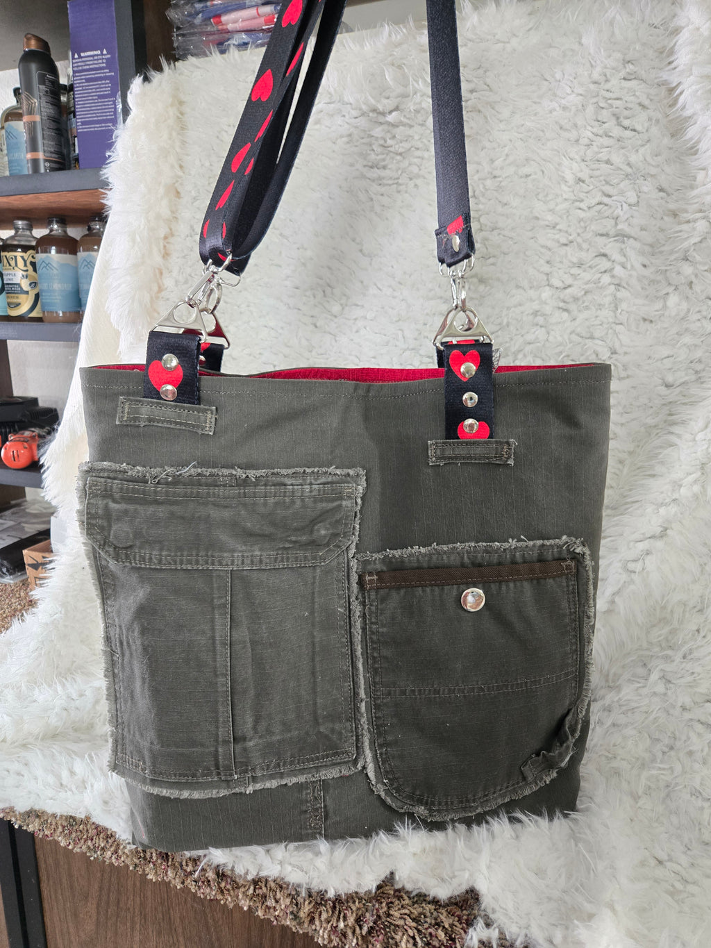 Army green large tote bag purse handmade.