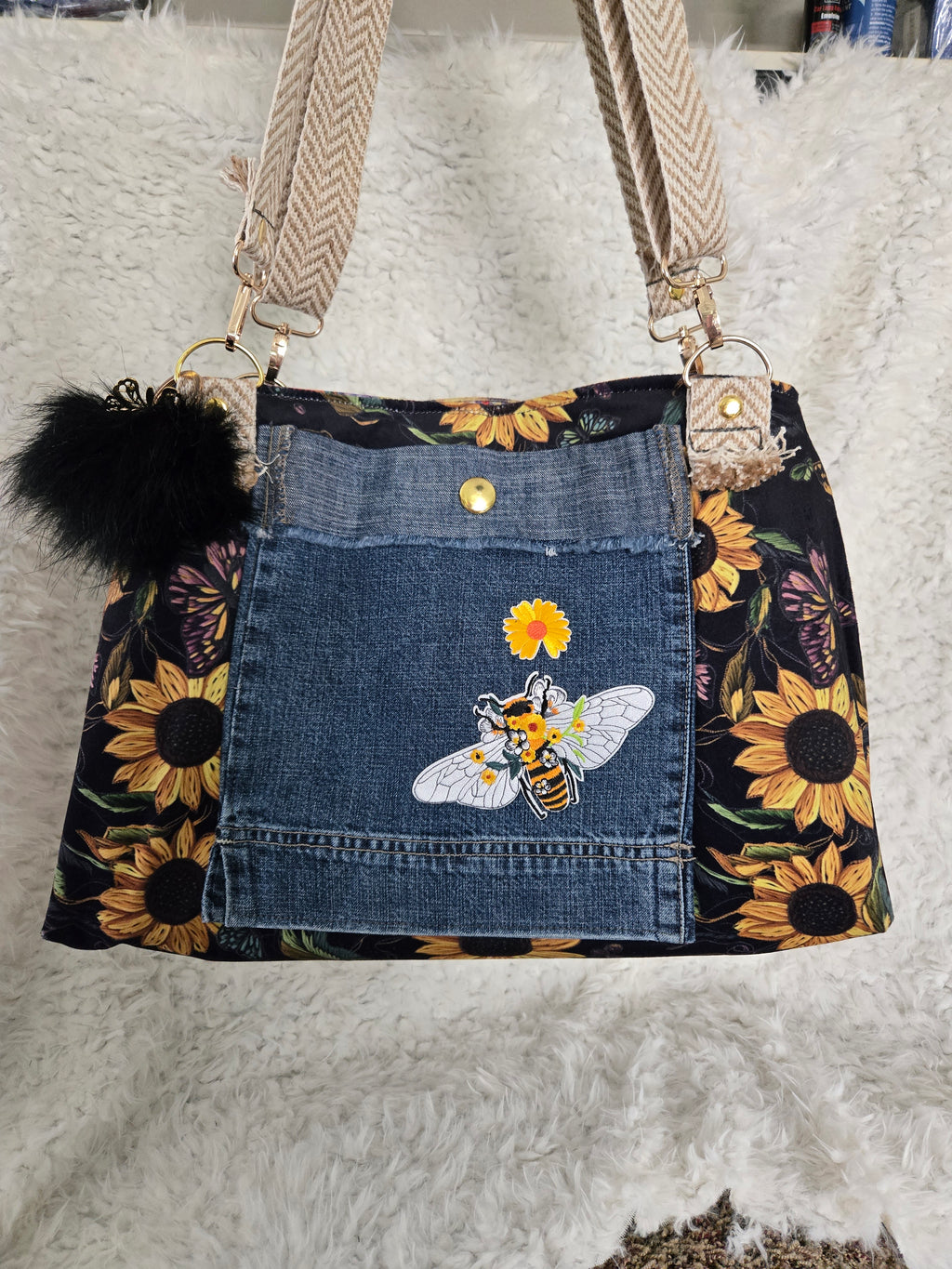 Sunflower and denim, purse handbag tote, medium size handmade crossbody handles.
