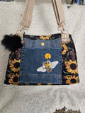 Sunflower and denim, purse handbag tote, medium size handmade crossbody handles.