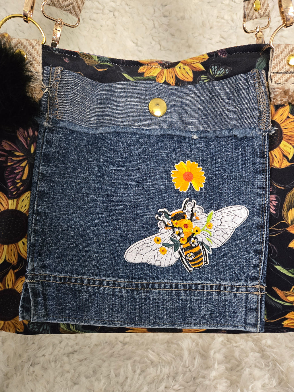 Sunflower and denim, purse handbag tote, medium size handmade crossbody handles.