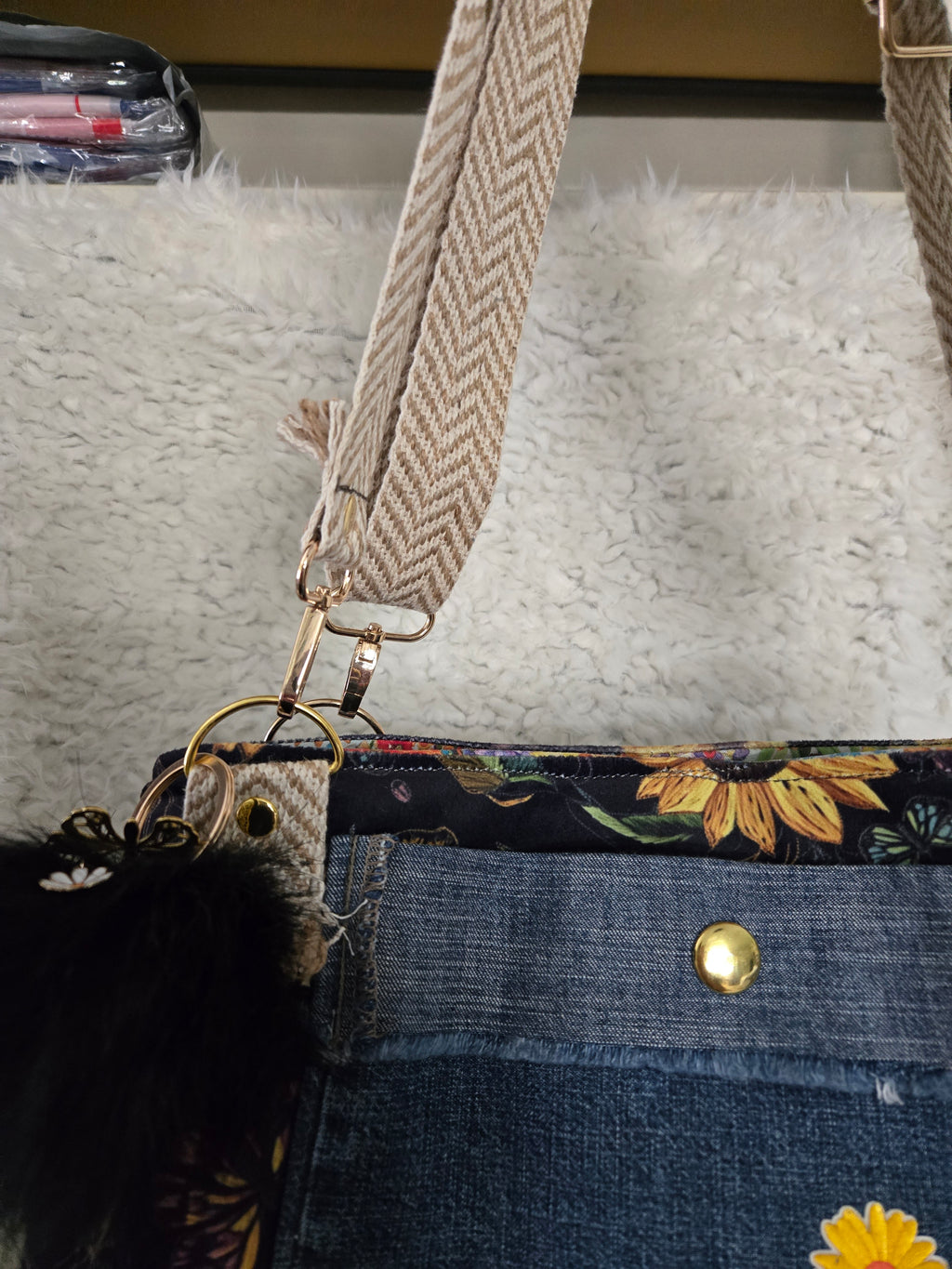 Sunflower and denim, purse handbag tote, medium size handmade crossbody handles.