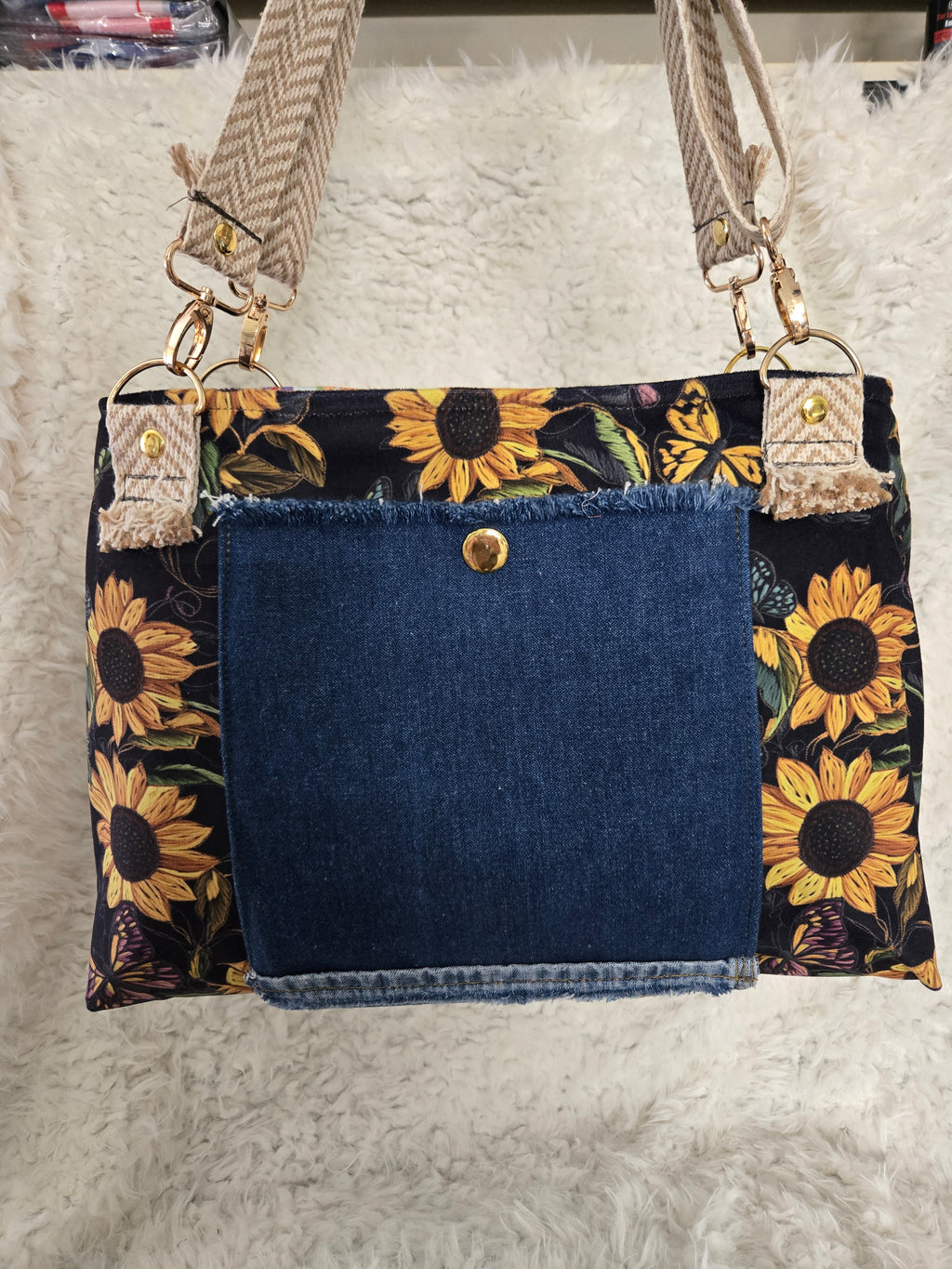 Sunflower and denim, purse handbag tote, medium size handmade crossbody handles.
