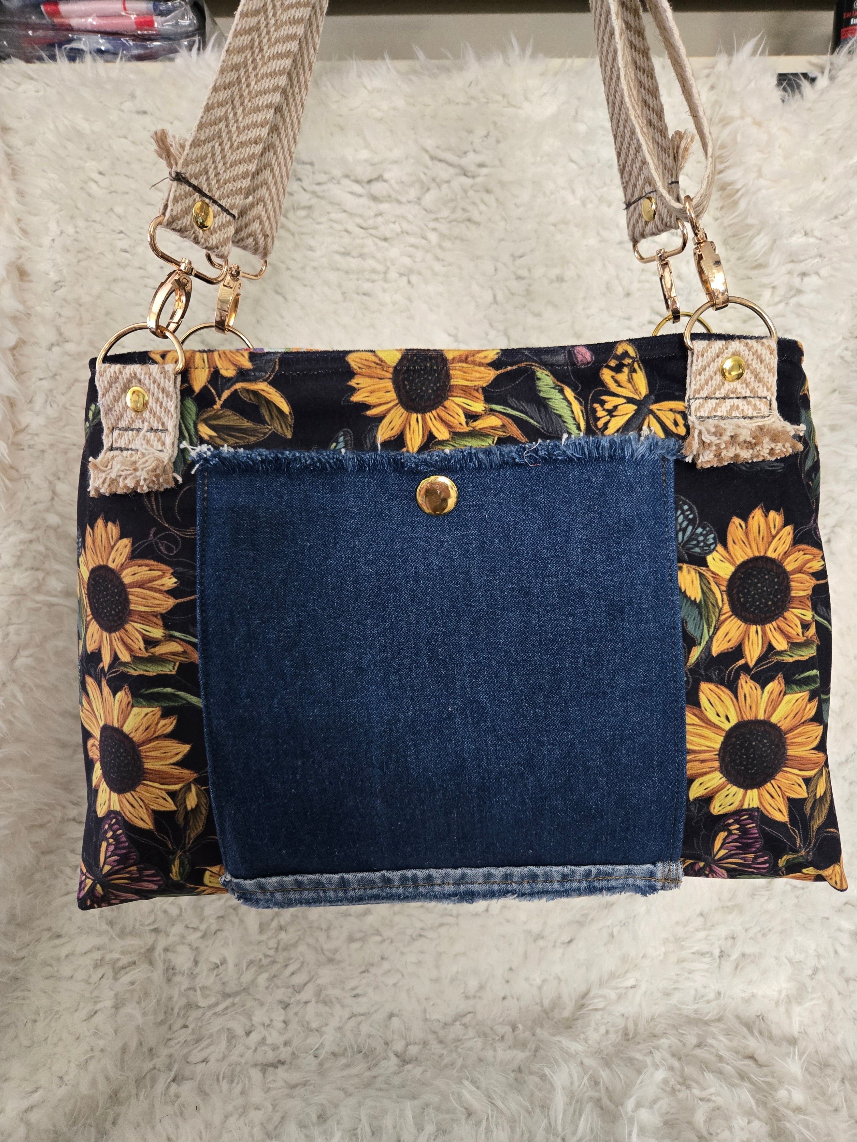 Sunflower and denim, purse handbag tote, medium size handmade crossbody handles.