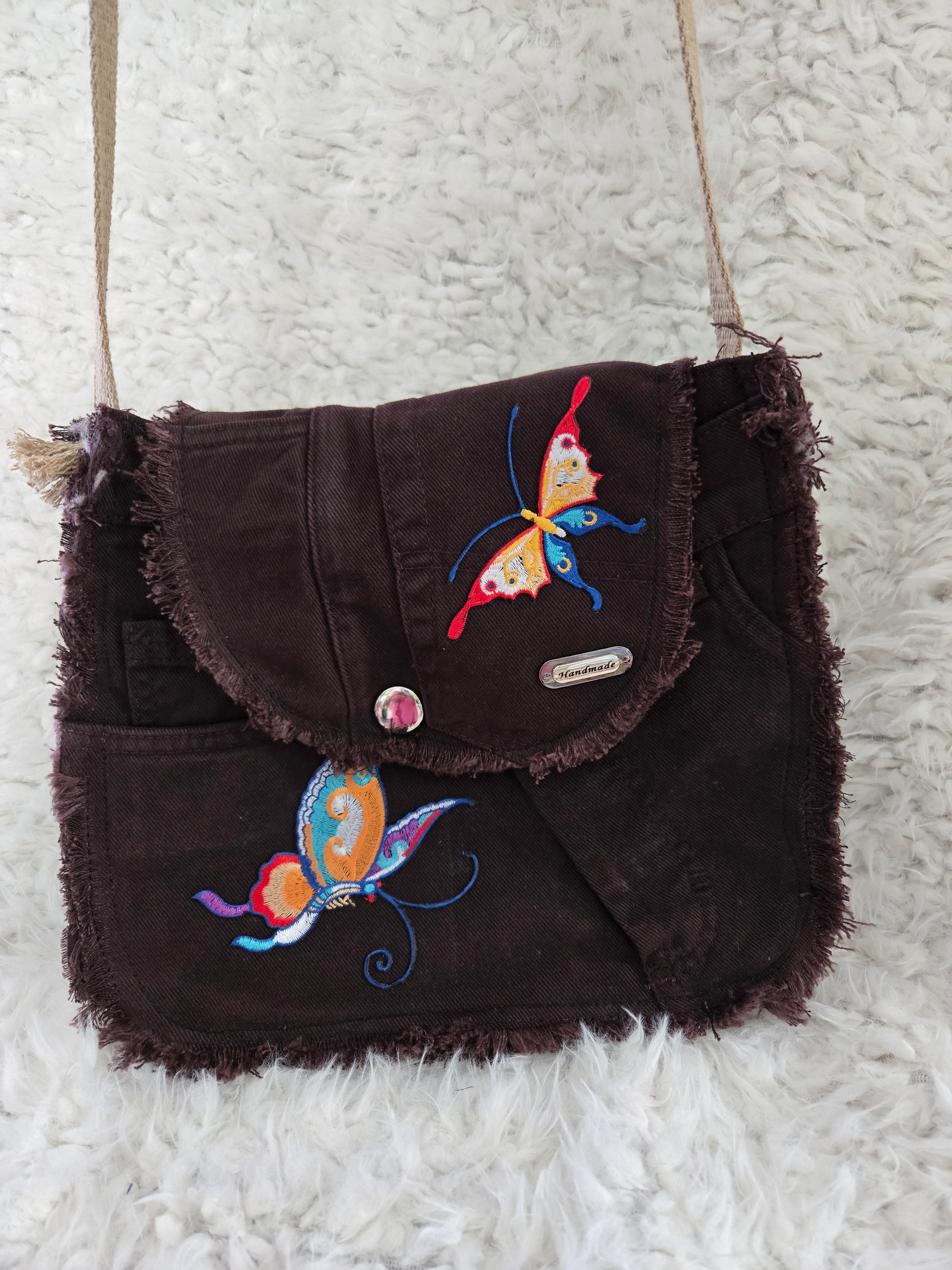 Brown homemade purse tote made from jeans abd embroidered butterflies soze small