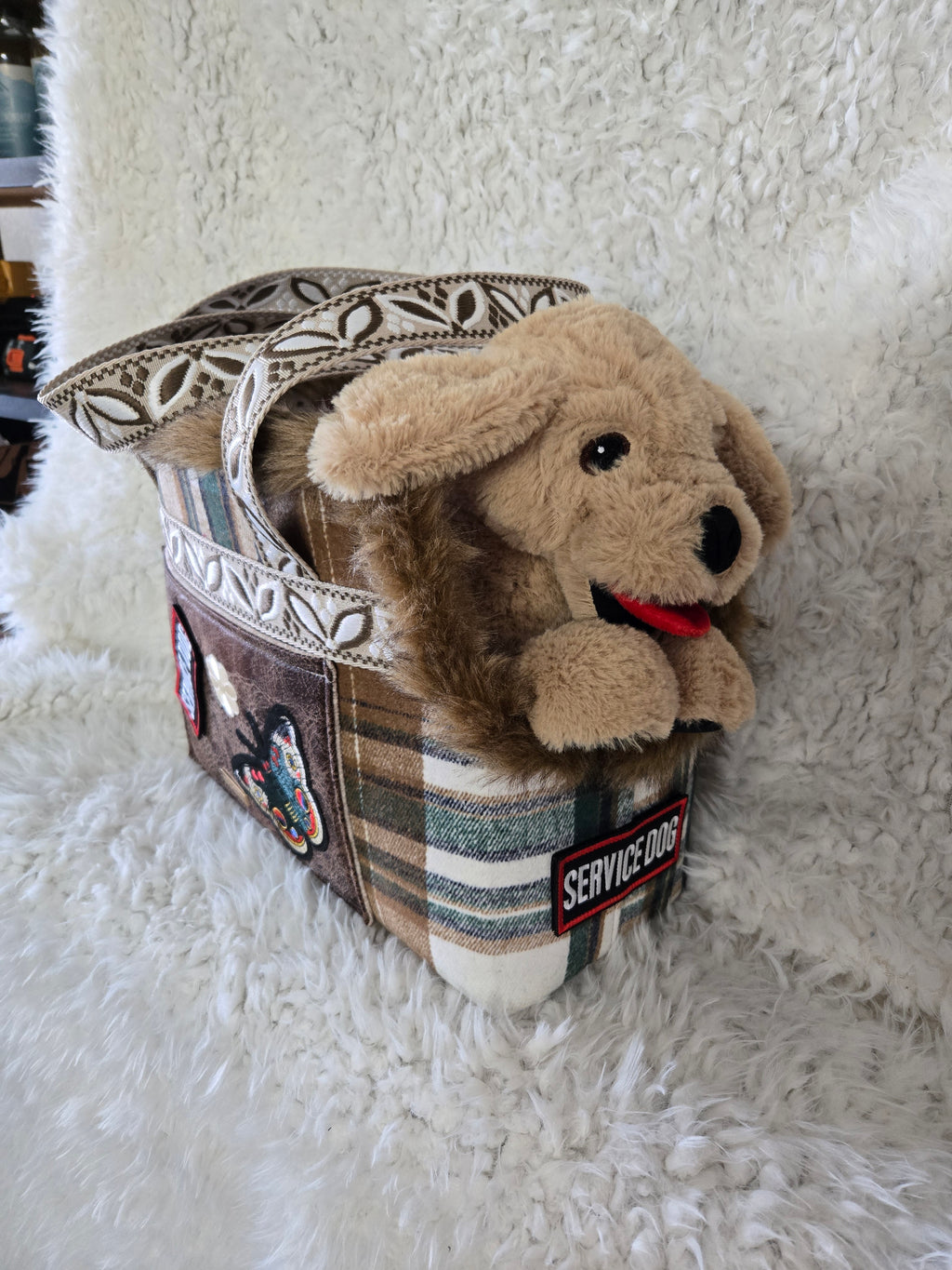 Service dog Flannel and cotton service dog carrier with outfit. And lash, handmade
