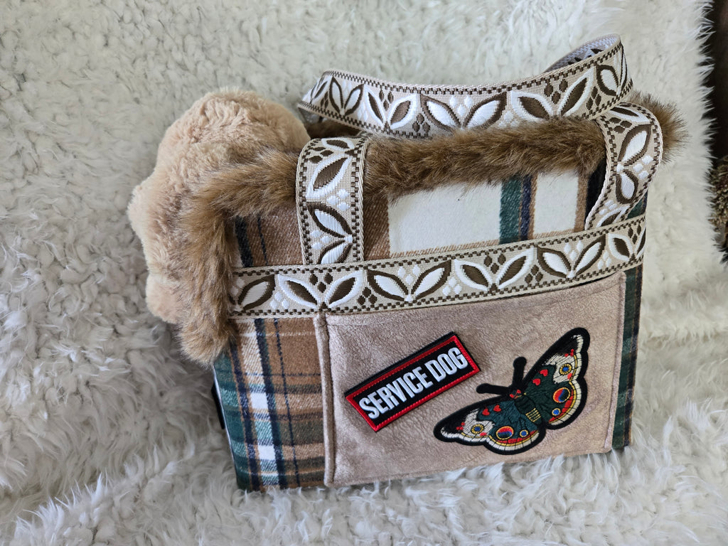 Service dog Flannel and cotton service dog carrier with outfit. And lash, handmade