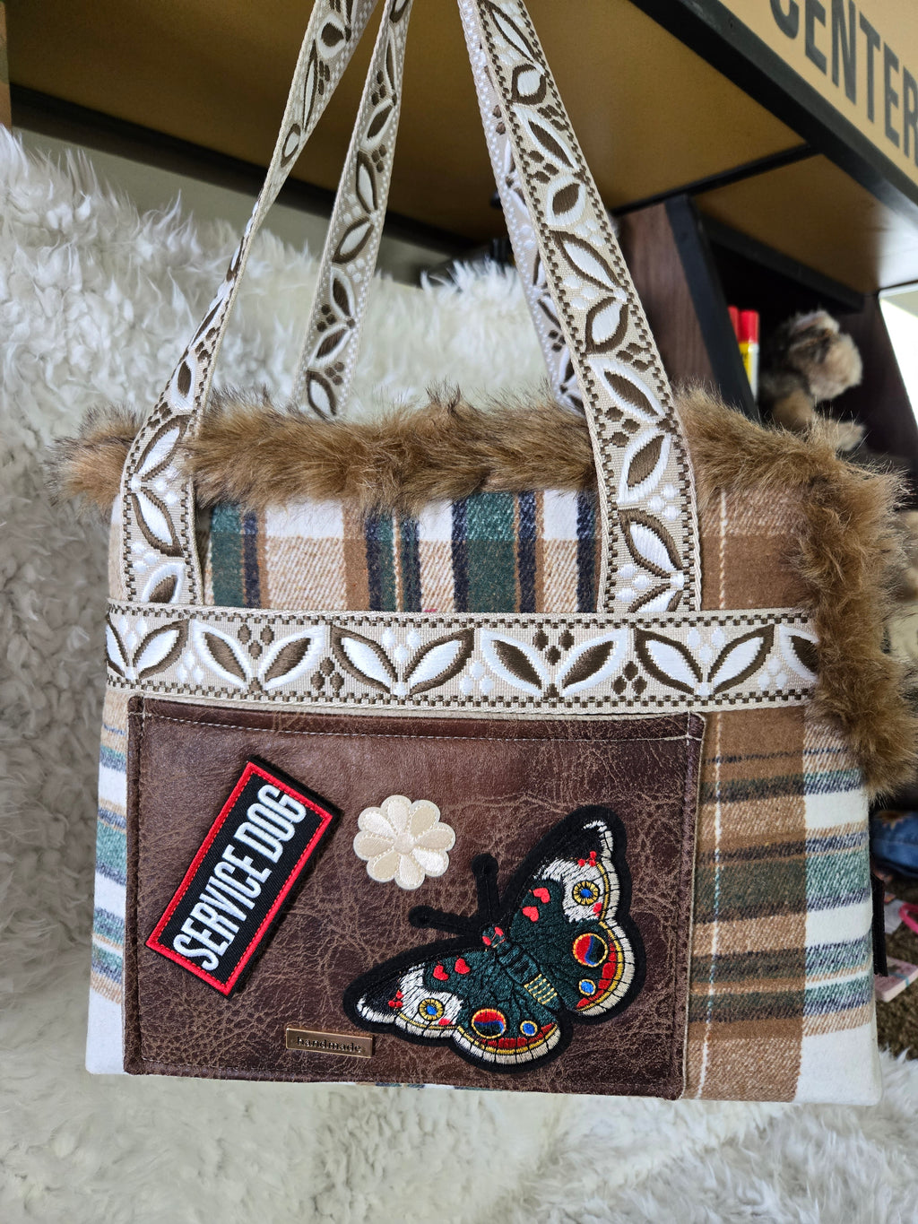 Service dog Flannel and cotton service dog carrier with outfit. And lash, handmade
