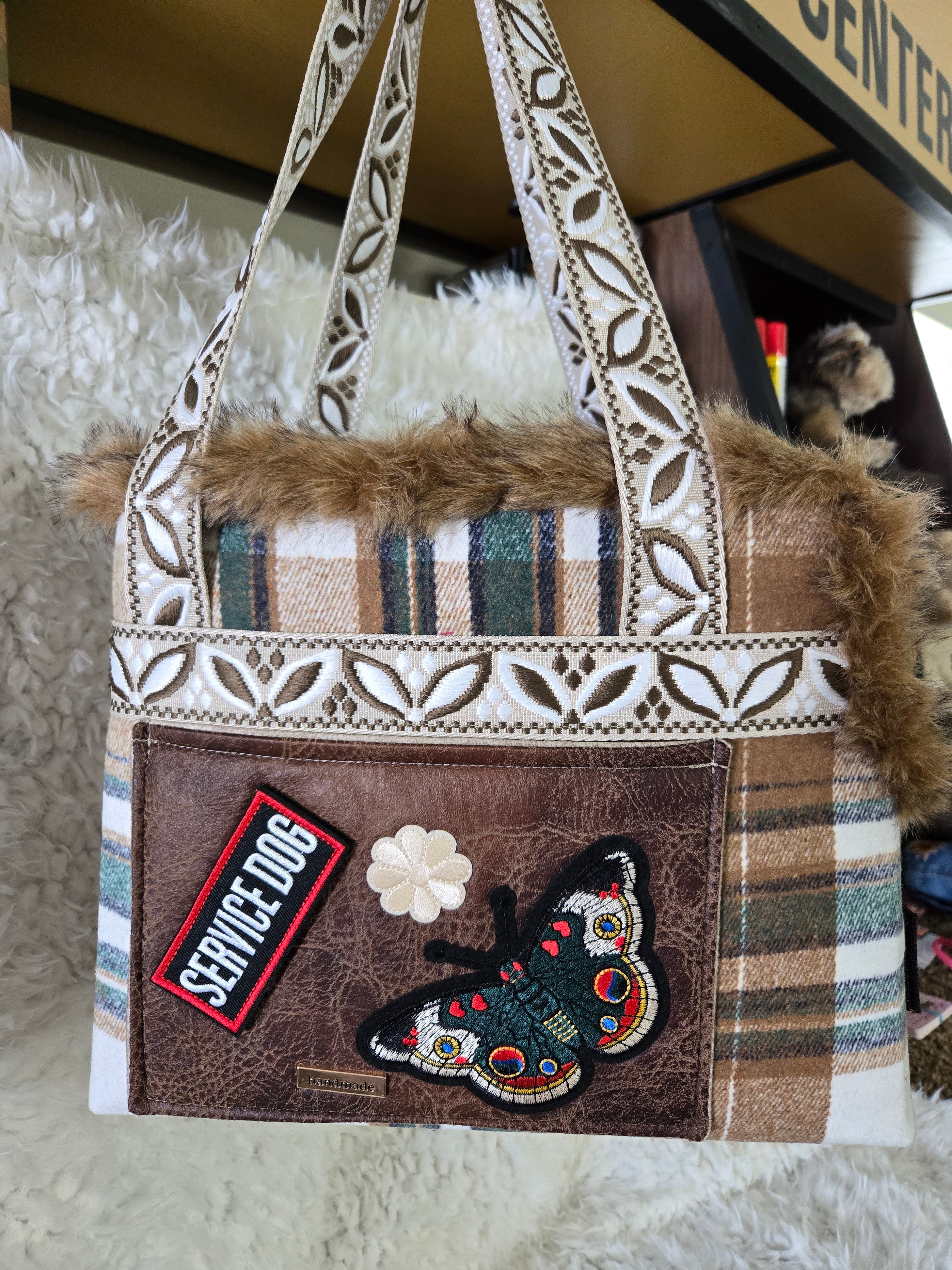 Service dog Flannel and cotton service dog carrier with outfit. And lash, handmade
