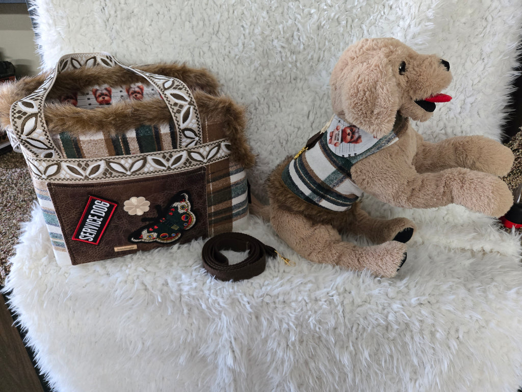Service dog Flannel and cotton service dog carrier with outfit. And lash, handmade
