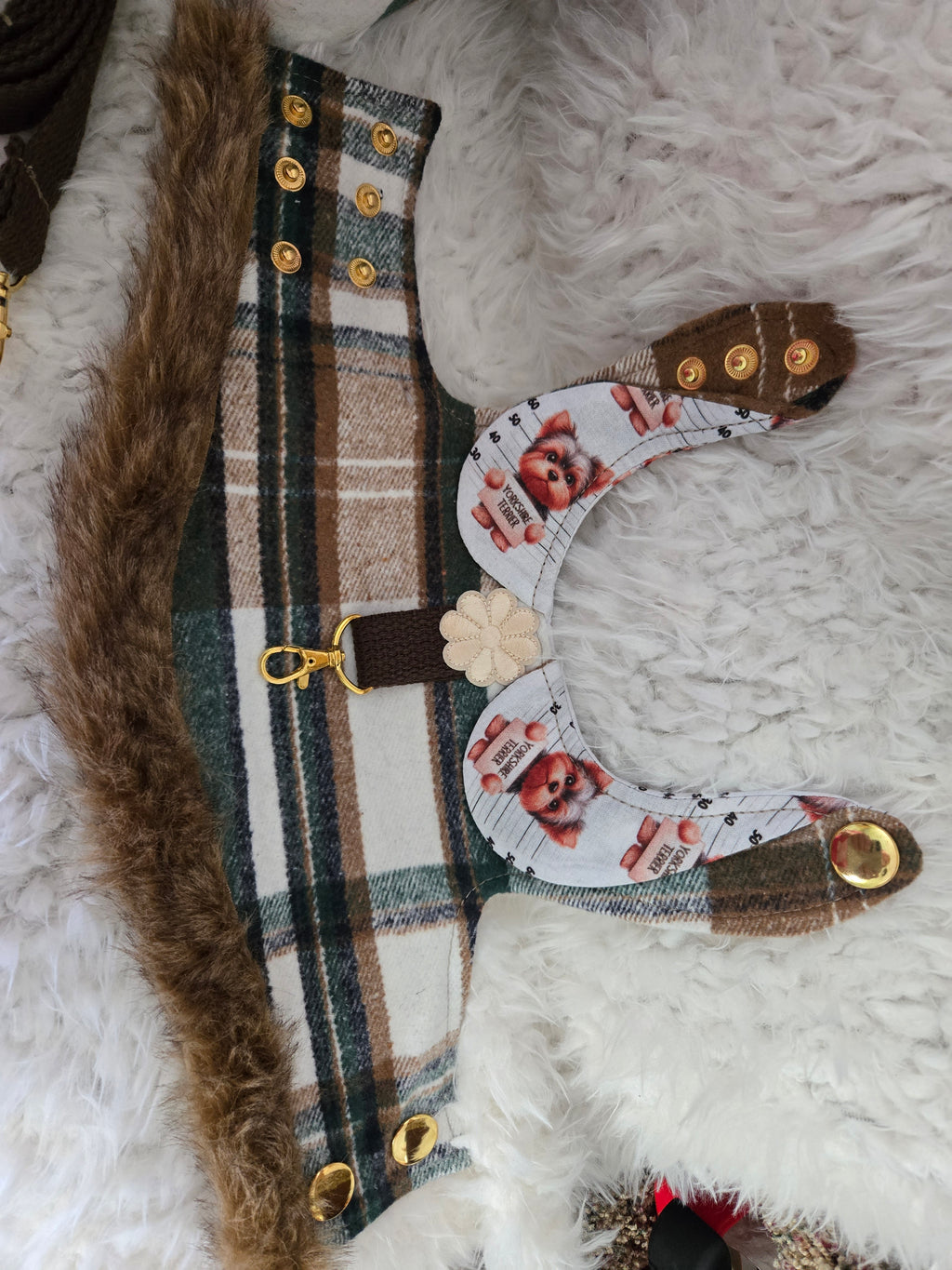Service dog Flannel and cotton service dog carrier with outfit. And lash, handmade