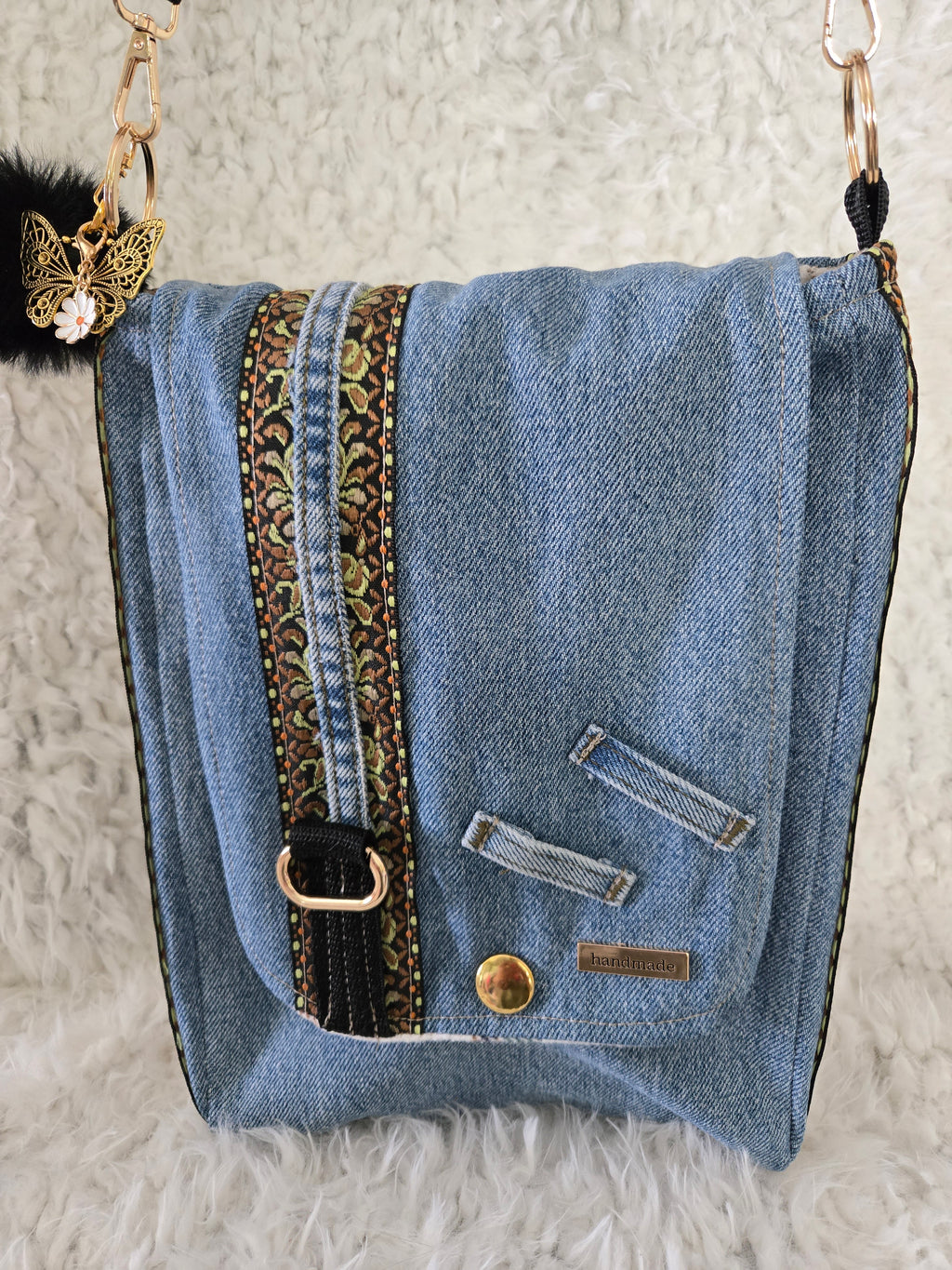 Jean and flannel cross body bag 10 / 13. Inches.