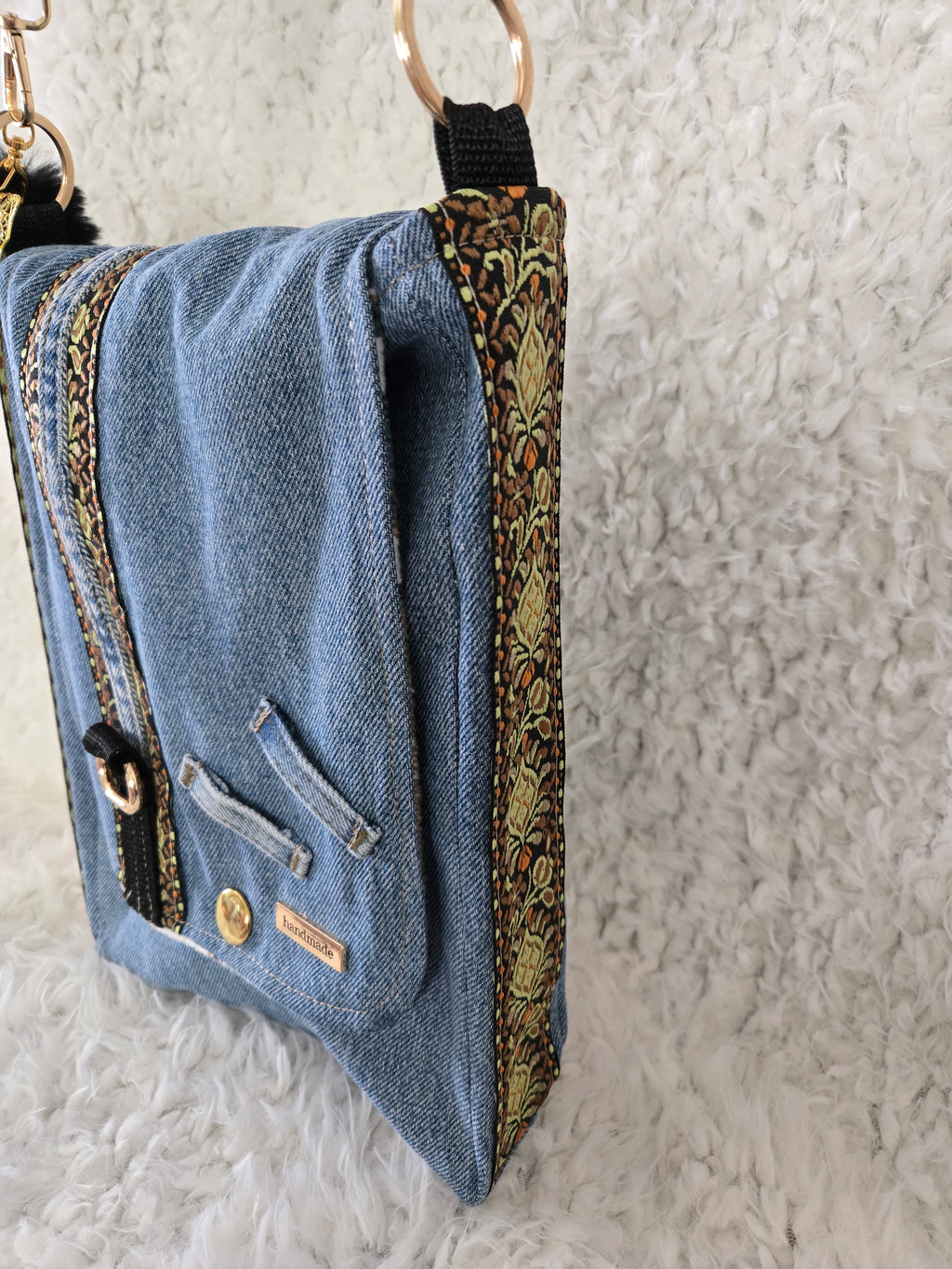 Jean and flannel cross body bag 10 / 13. Inches.