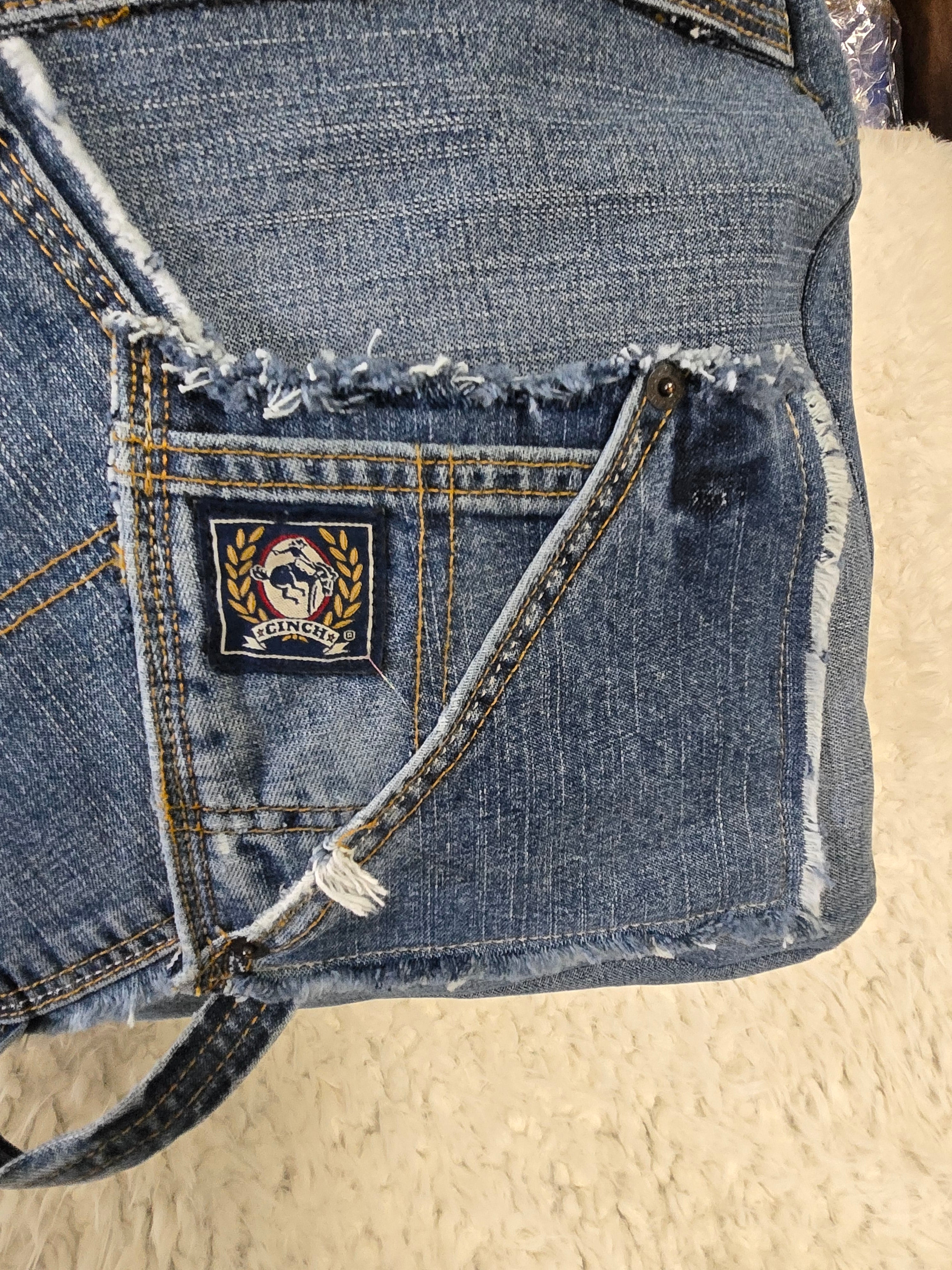 Handmade blue jean backpack with lots of pockets, large