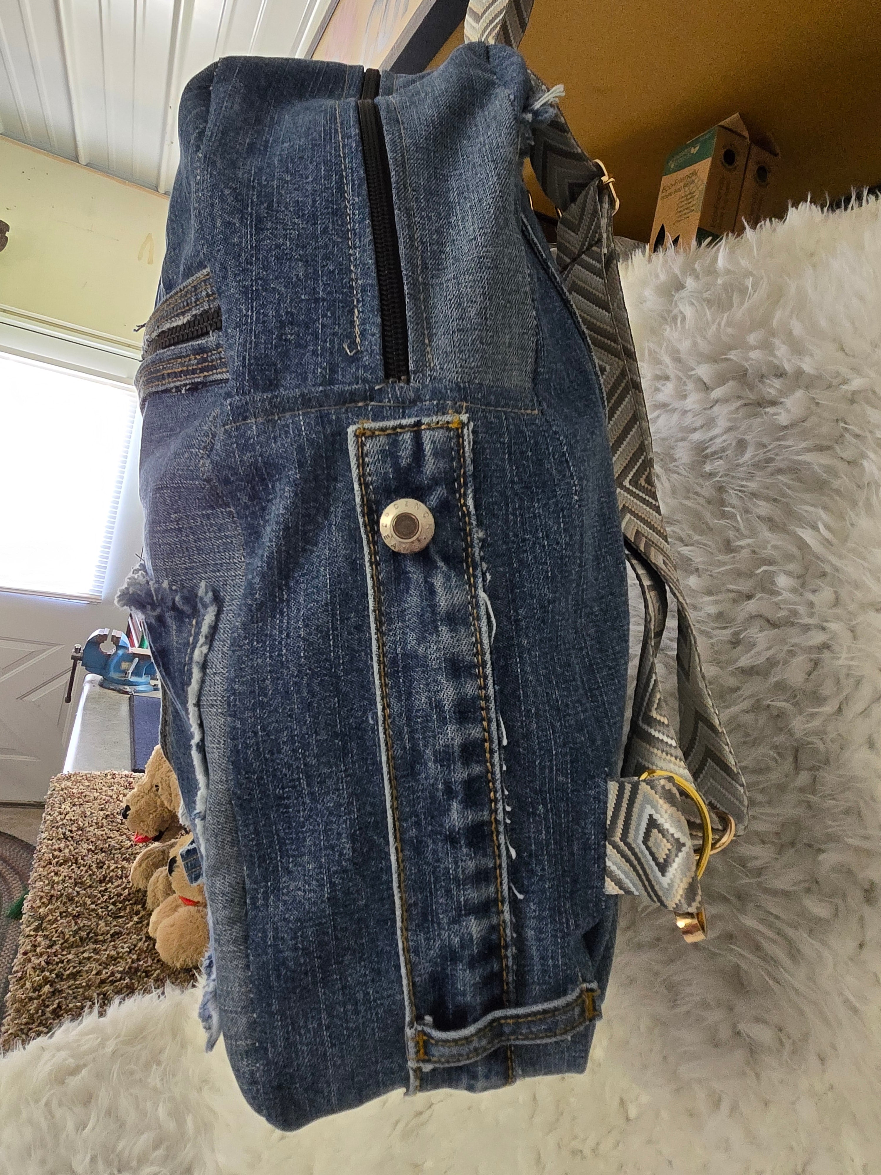 Handmade blue jean backpack with lots of pockets, large