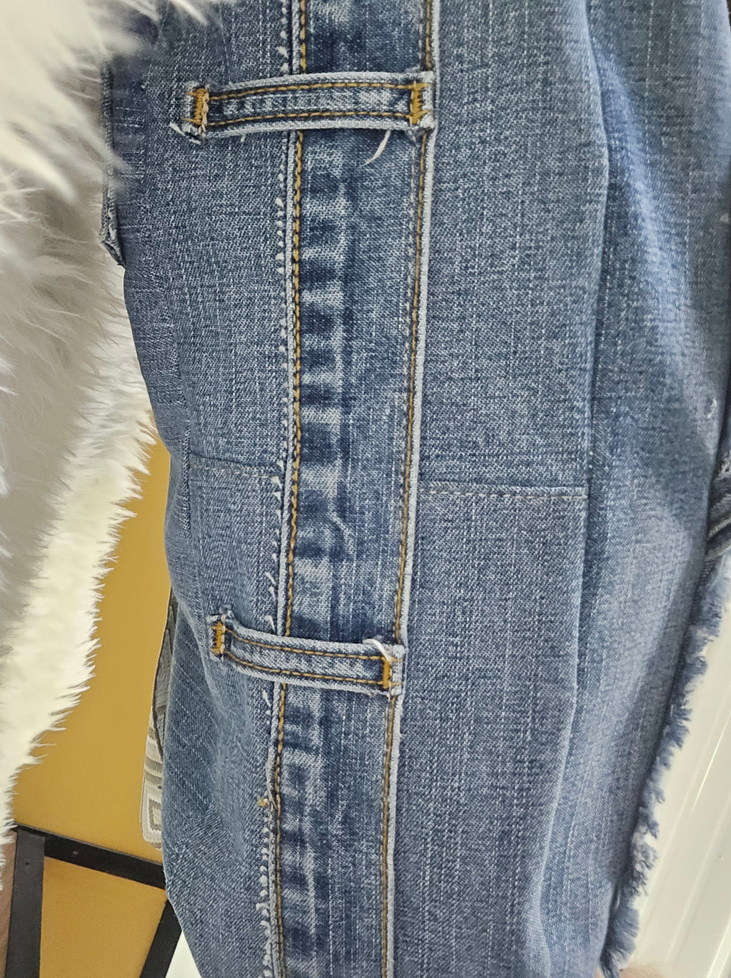 Handmade blue jean backpack with lots of pockets, large