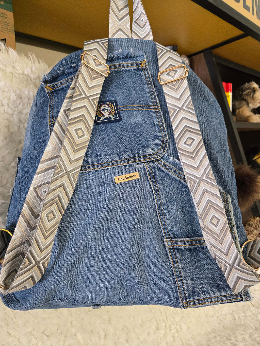 Handmade blue jean backpack with lots of pockets, large
