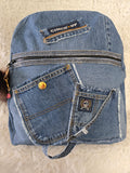 Handmade blue jean backpack with lots of pockets, large