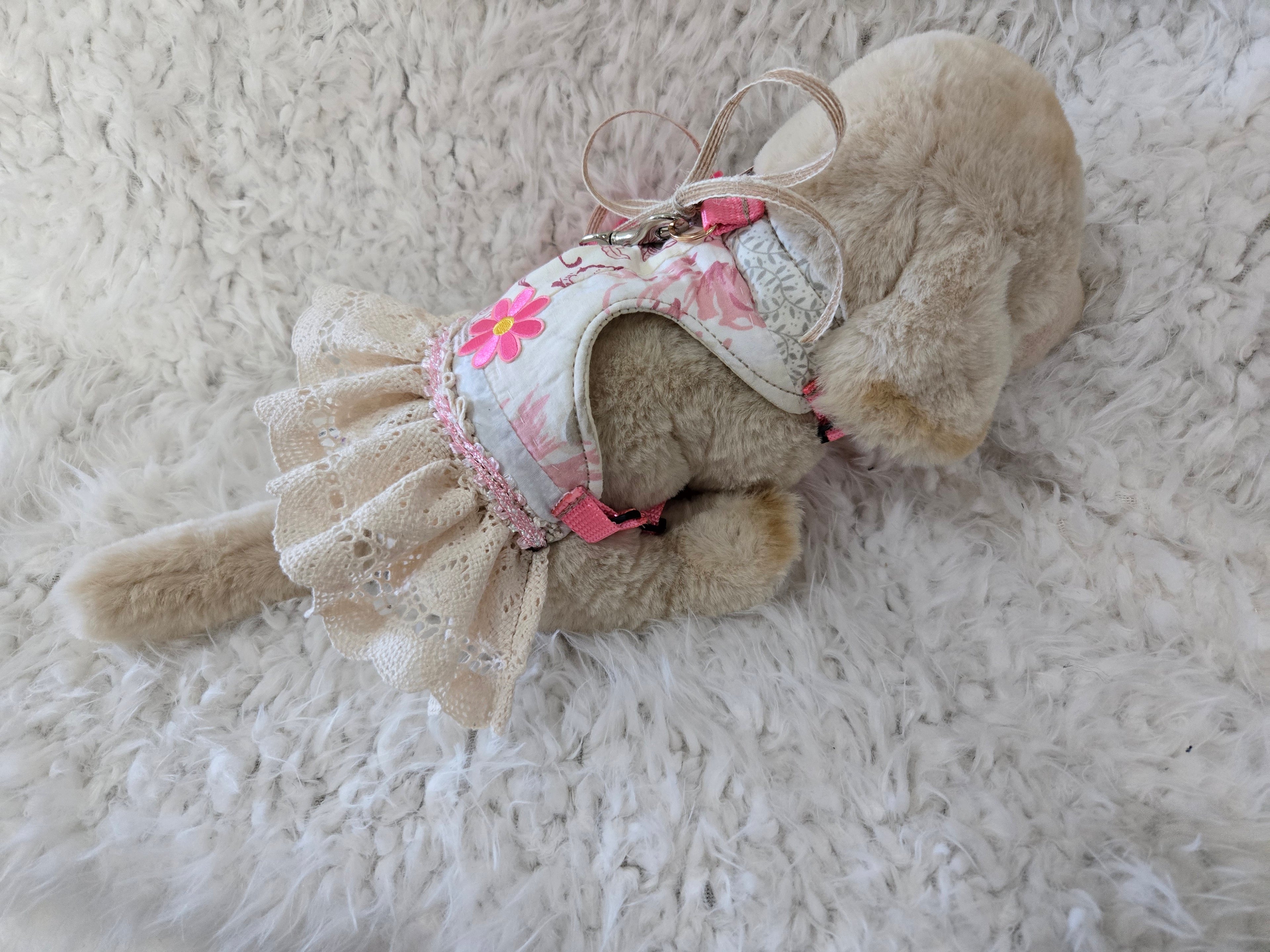 Dog dress with leash and bow. Repurpose bed spread handmade.