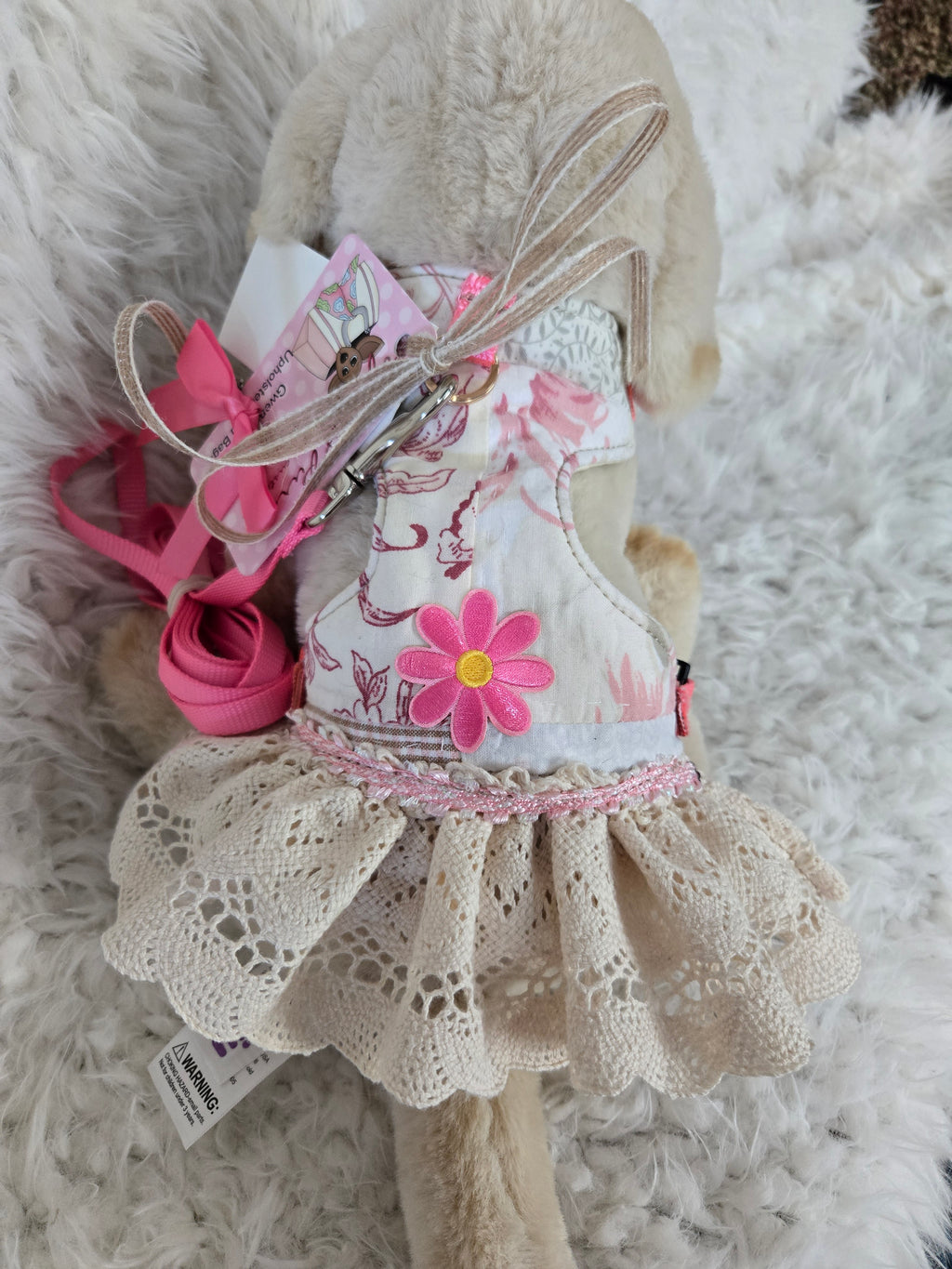 Dog dress with leash and bow. Repurpose bed spread handmade.