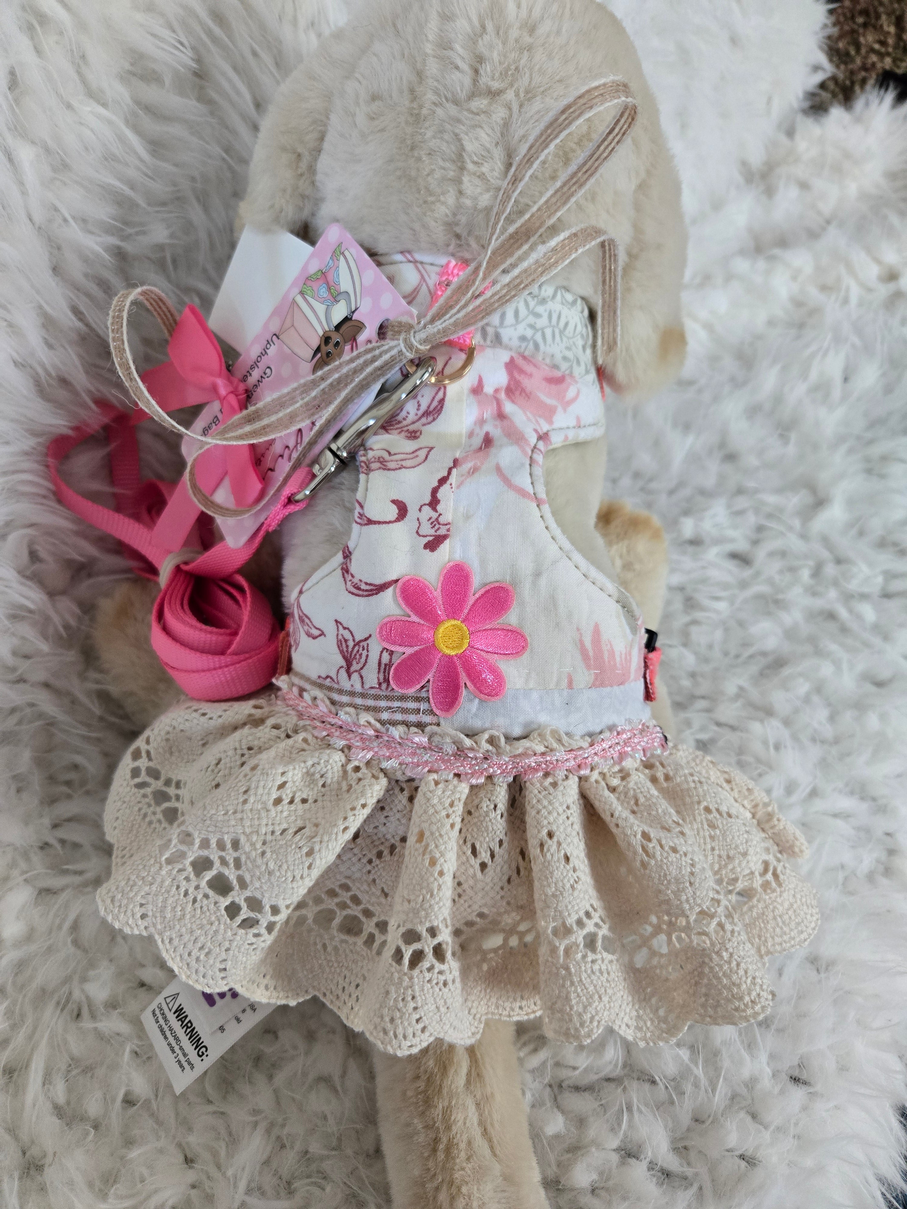 Dog dress with leash and bow. Repurpose bed spread handmade.