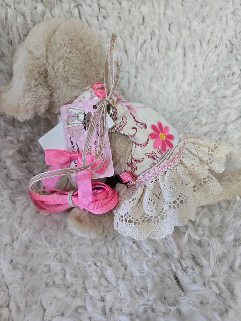 Dog dress with leash and bow. Repurpose bed spread handmade.