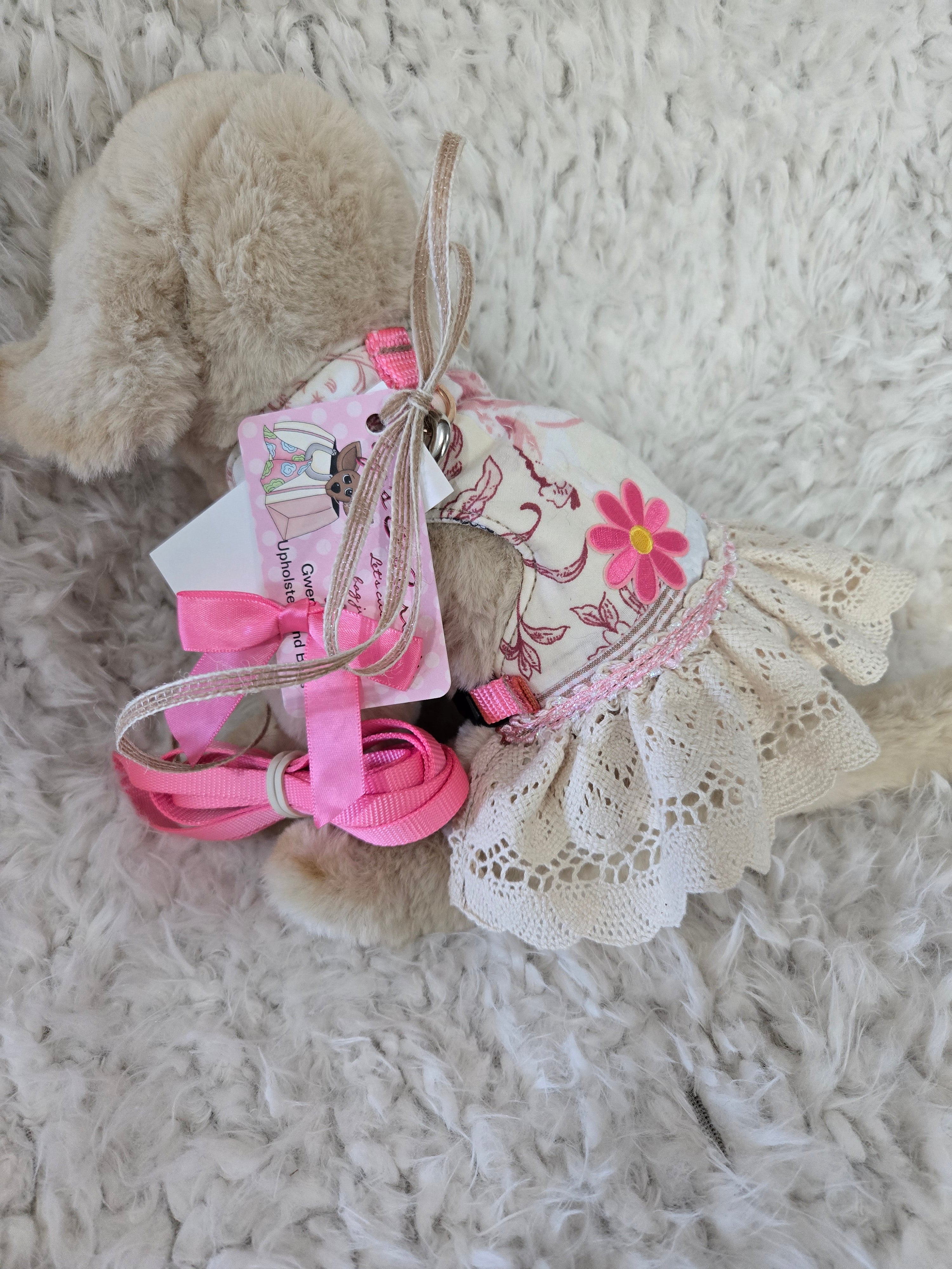 Dog dress with leash and bow. Repurpose bed spread handmade.