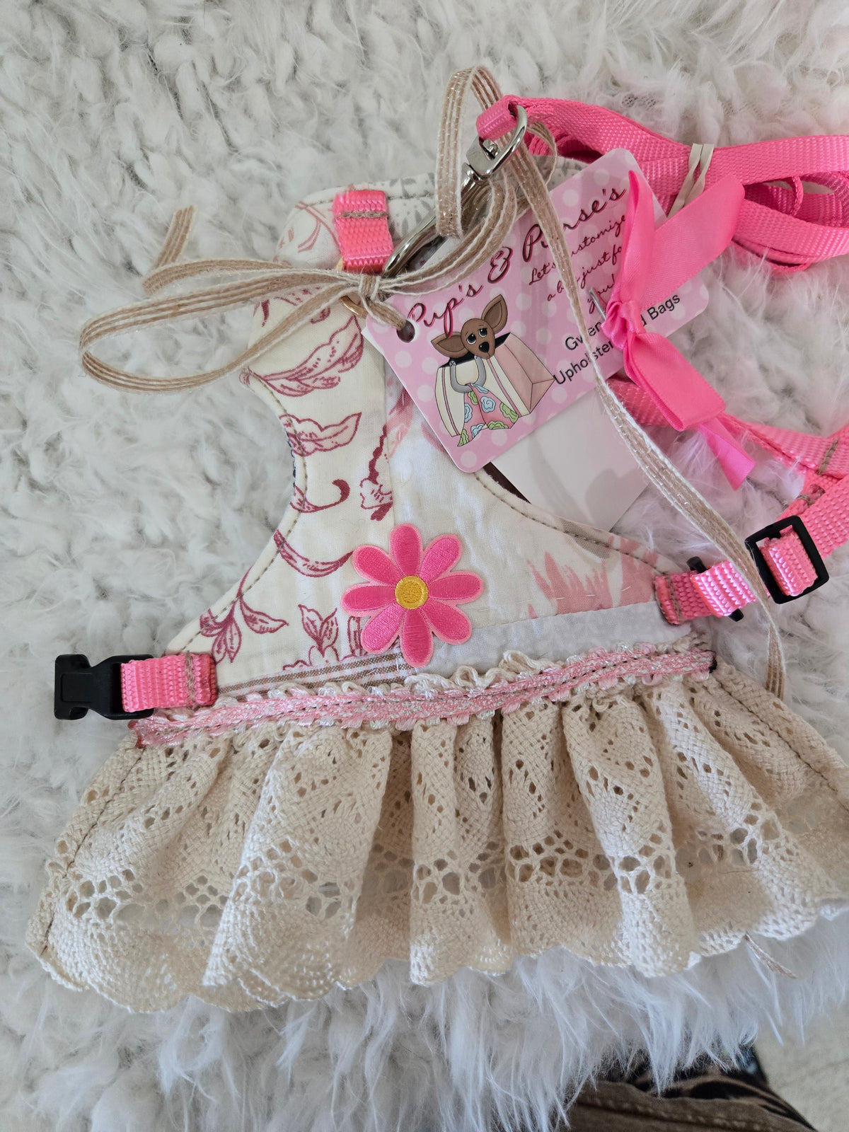 Medium-sized dog dress, bow and leash..