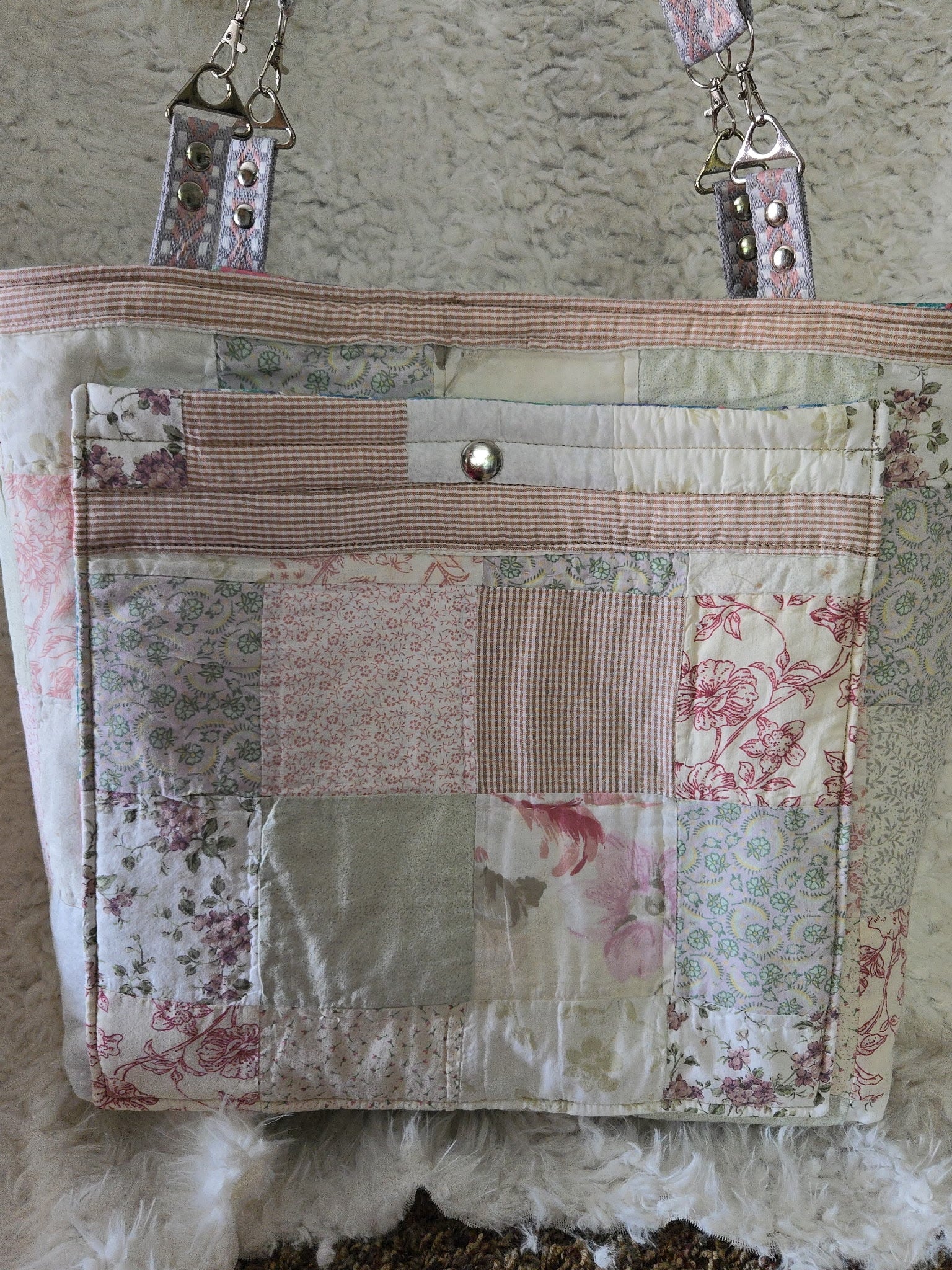 Handmade extra large bag made out of repurposed quilt.