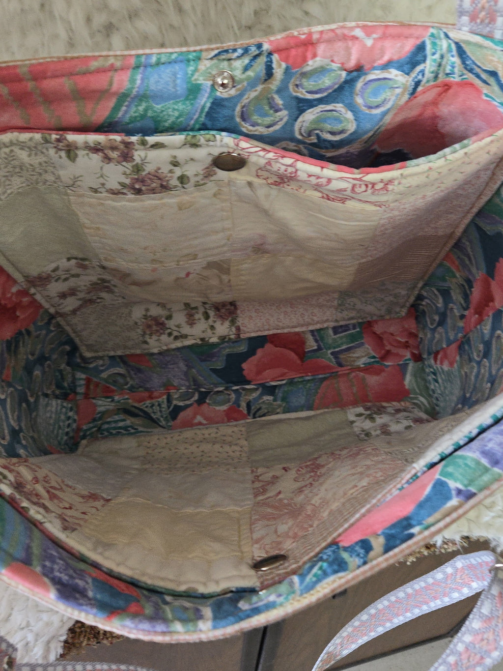 Handmade extra large bag made out of repurposed quilt.